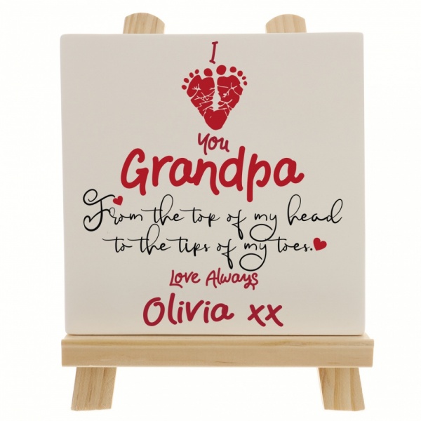 Personalised I Love You Grandpa With Heart Shaped Baby Footprints Ceramic Tile Print